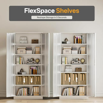 Metal Garage Storage Cabinets,71” Tall Metal File Cabinet with 5 Adjustable Shelves, Lockable Storage Cabinets for Office, Home, Garage, Warehouse 71" H x 32" W x 16" D (White)