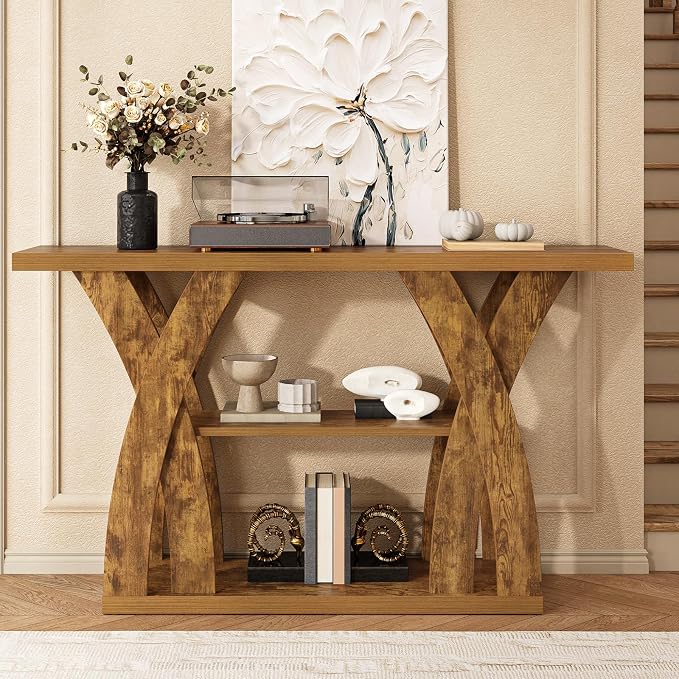 55 inch Sofa Table Behind Couch, 3-Tier Narrow Entryway Table with Storage, Wood Grain X-Shaped Console Tables for Living Room, Hallway, Foyer, Home Office