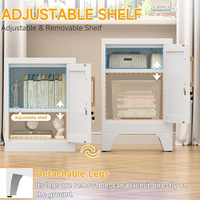 23.6" H Metal Locker Nightstand Set of 2,White Locking Night Stand with Door and Adjustable Shelf, Small Locker Cabinet with Detachable Legs for Home Office,Living Room or Bedroom,Easy Assembly