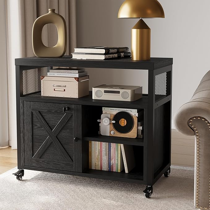 FUSUNBAO Farmhouse Printer Stand with Storage, Rolling Printer Cabinet with Shelves, Charge Station, Wheels, and File Cabinet for Home Office Storage (Black)