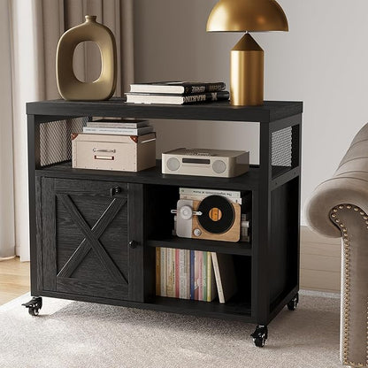 FUSUNBAO Farmhouse Printer Stand with Storage, Rolling Printer Cabinet with Shelves, Charge Station, Wheels, and File Cabinet for Home Office Storage (Black)