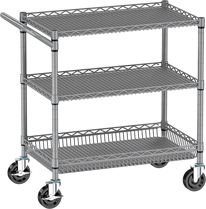 Folews Heavy Duty Rolling Cart with Wheels, 990LBS 3-Tier Metal Utility Cart, NSF Rolling Storage Organizer Adjustable Shelves & Basket, Lockable Casters, Commercial Storage Trolley, Gray