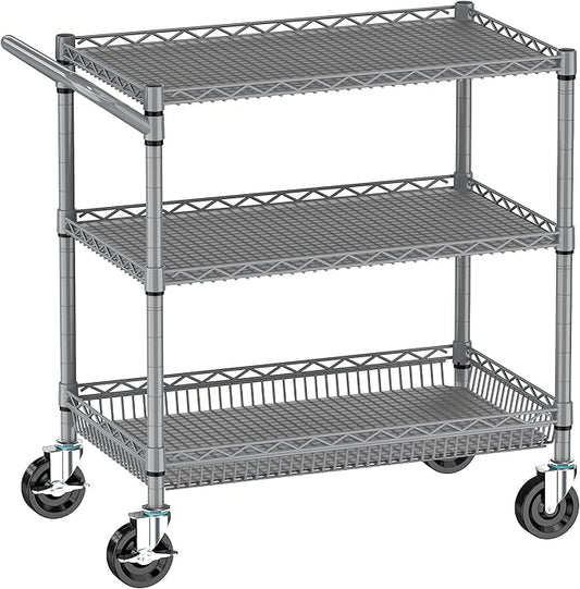 Folews Heavy Duty Rolling Cart with Wheels, 990LBS 3-Tier Metal Utility Cart, NSF Rolling Storage Organizer Adjustable Shelves & Basket, Lockable Casters, Commercial Storage Trolley, Gray