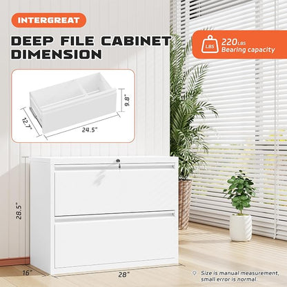 INTERGREAT Lateral File Cabinet 2 Drawer, White Metal File Cabinets for Home Office, Locking File Cabinet for Letter/Legal/F4/A4 Size Hanging Files, Easy Assembly