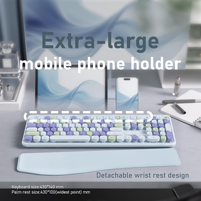 Wireless Keyboard and Mouse, Colorful 104-Key QWERTY with Round Keys, Phone Holder, Wrist Rest, Power Buttons, 2.4GHz USB for PC Laptop (Light Blue Colorful)