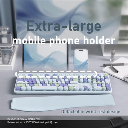 Wireless Keyboard and Mouse, Colorful 104-Key QWERTY with Round Keys, Phone Holder, Wrist Rest, Power Buttons, 2.4GHz USB for PC Laptop (Light Blue Colorful)