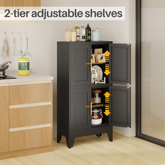 47“H Black Metal Bathroom Storage Cabinet, Kitchen Pantry Cabinet with Doors and 3 Adjustable Shelves, Bathroom cabinets Organizer, for Home Office, Bedroom