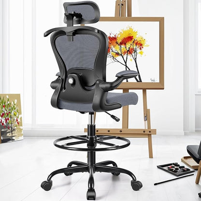 Drafting Chair, Tall Office Chair with 3D Lumbar & Head Support, Ergonomic Mesh Standing Desk Chair with Footring, Comfy Extended High Desk Chair with Flip-Up Arms & Hanger,Dark Gray