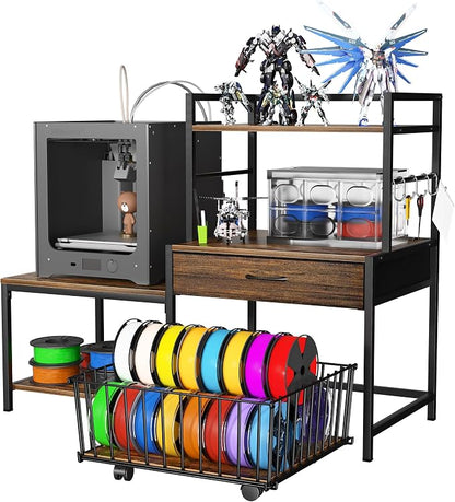 Saudism 3D Printer Stand with Storage Drawer and Rolling Filament Basket, Industrial Printer Table with Open Shelves and Hooks, Sturdy Metal Workstation for 3D Printing Tools and Accessories (Brown)