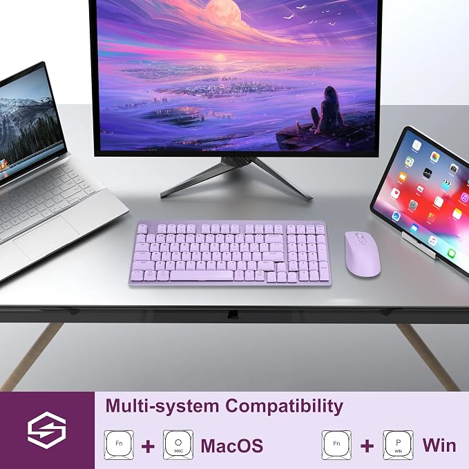 LeadsaiL Wireless Keyboard and Mouse Combo, 2.4Ghz Cordless Mechanical Keyboard and Silent Mouse for Business, Low-Profile Red Switch, 98-Key Compact Slim Keyboard for Windows/MacOS PC Laptop- Purple