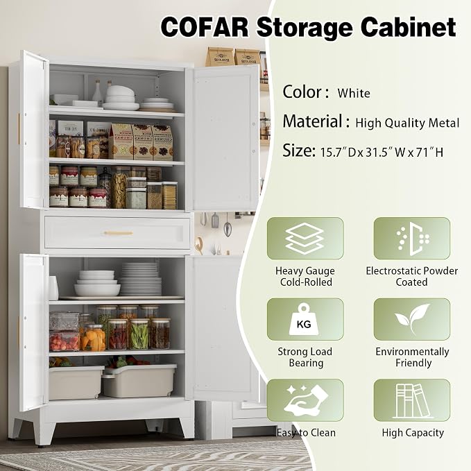 COFaR 71" Tall Kitchen Pantry, Farmhouse Storage Cabinet with Doors and Shelves, Metal Cabinet with Drawers and Legs, for Cupboard/Dining Room/Bathroom/Living Room/Office/Laundry Room (White).