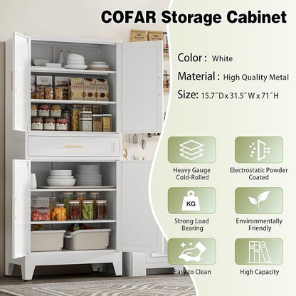 COFaR 71" Tall Kitchen Pantry, Farmhouse Storage Cabinet with Doors and Shelves, Metal Cabinet with Drawers and Legs, for Cupboard/Dining Room/Bathroom/Living Room/Office/Laundry Room (White).