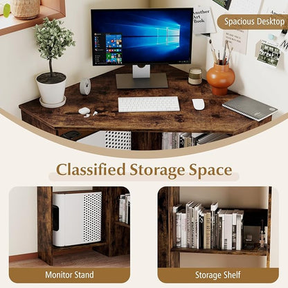 Giantex Corner Desk, Space-Saving Triangle Computer Desk with Storage Shelves & CPU Stand, Modern Makeup Vanity Table for Bedroom, Writing Desk for Small Spaces (Rustic Brown)