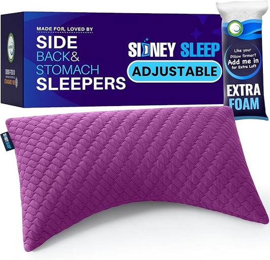 Sidney Sleep Adjustable Bed Pillow for Neck and Shoulder Support with Extra Shredded Fill - Cervical Contour Pillow for Side and Back Sleepers. Standard Size 19" x 26" CertiPUR-US Certified (Magenta)