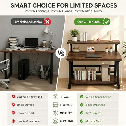 47.2 Inch Compact Rolling Computer Desk with Tier Worktable & Lockable Wheels, Small Computer Desk, Small Desk for Bedroom, Mobile Writing Workstation Easy Assembly for Home Office Small Spaces