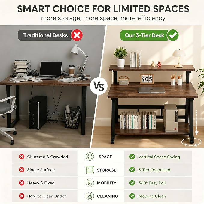 39.4 Inch Compact Rolling Computer Desk with Tier Worktable & Lockable Wheels, Small Computer Desk, Small Desk for Bedroom, Mobile Writing Workstation Easy Assembly for Home Office Small Spaces