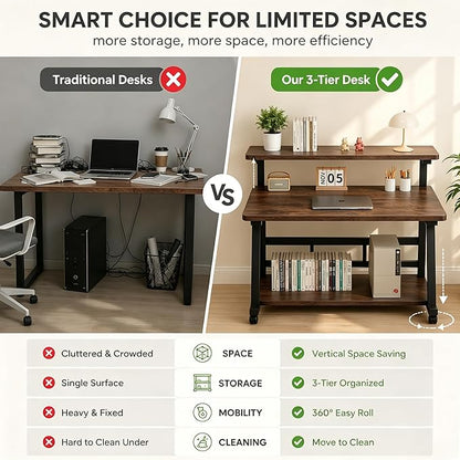 31.5 Inch Compact Rolling Computer Desk with Tier Worktable & Lockable Wheels, Small Computer Desk, Small Desk for Bedroom, Mobile Writing Workstation Easy Assembly for Home Office Small Spaces