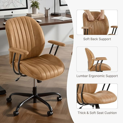 KISLOT Ergonomic Home Office Chair with Removable Arms, Adjustable Swivel Desk Chair with Wheels, Modern Faux Leather Computer Chair with Lumbar Support, Set of 2, Camel Brown