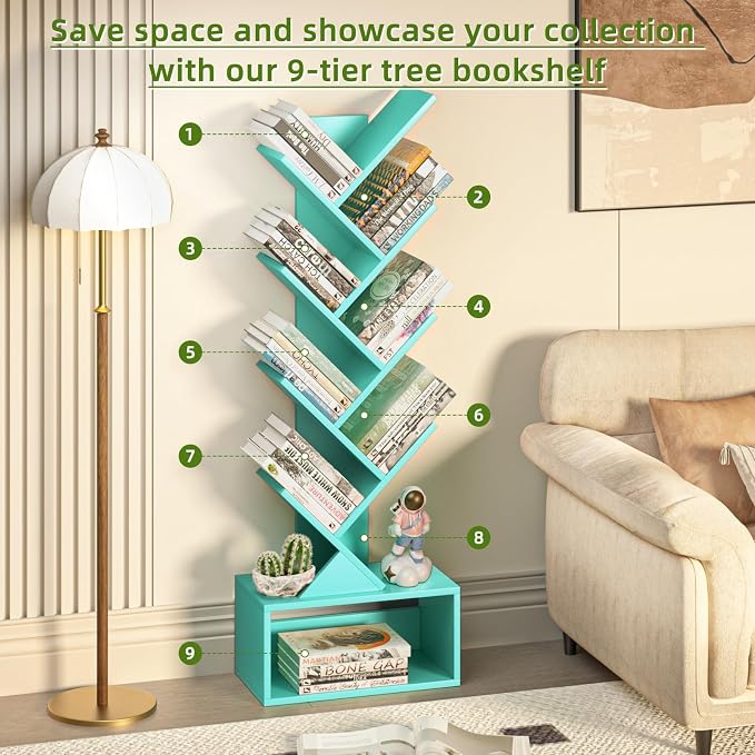 SHEEPAM 9 Tier Tree Bookshelf,Christmas Green Bookcase for Narrow Space, Storage Organizer Floor Standing Bookshelves for Books, Tall Book Case for Home Office, Living Room, Bedroom