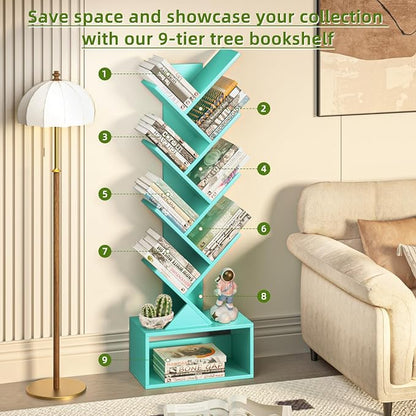 SHEEPAM 9 Tier Tree Bookshelf,Christmas Green Bookcase for Narrow Space, Storage Organizer Floor Standing Bookshelves for Books, Tall Book Case for Home Office, Living Room, Bedroom