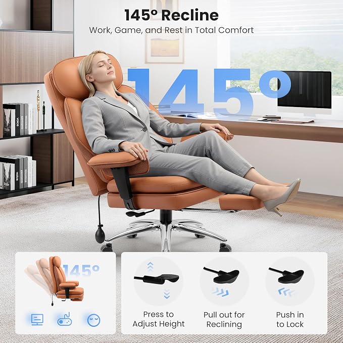 BestGlory Big and Tall Office Chair with Lumbar Support, Executive Leather Computer Desk Chair, Heavy Duty Comfortable Gaming Chair with Double Layer Cushion & Footrest for Home Office Gaming