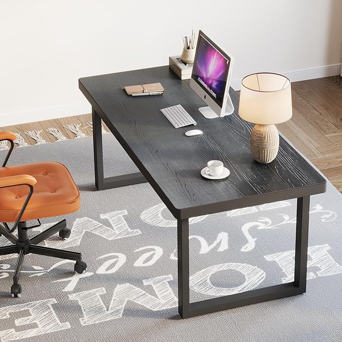 47 Inch Black Solid Wood Computer Desk | Sturdy Metal Base | Modern Home Office Desk | Durable Study Writing Table for Workspace, Multiple