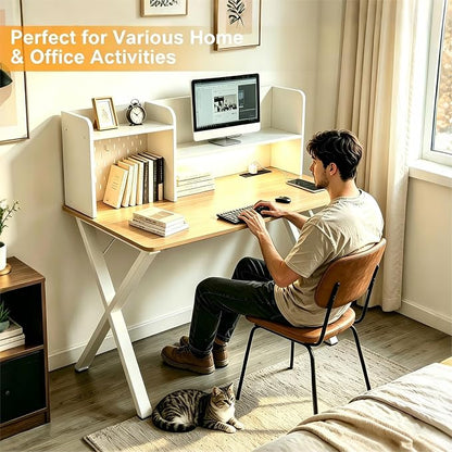 44"×24" White Computer Desk Home Office Gaming Desk with Charging Station Pegboard Motion Sensor Light, Modern Study Desk for Bedroom Living Room Game Kids Room Nursery