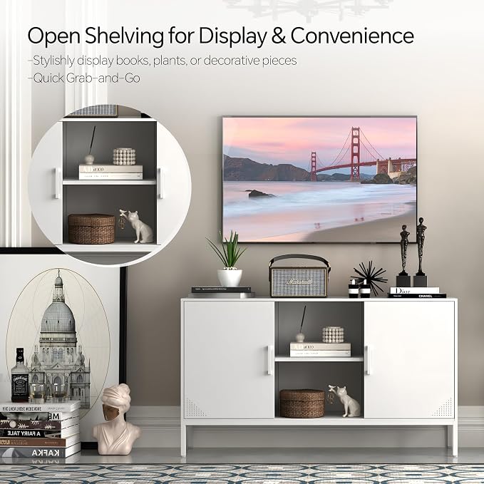 STEEHOOM TV Stand with Door and Adjustable Shelves, Buffet Sideboard Cabinet, Coffee Bar Metal Locker Pantry with 2 Shelves for Office, Home, Kitchen, Living Room (White, 47.24"D x 13.78"W x 29.53"H)