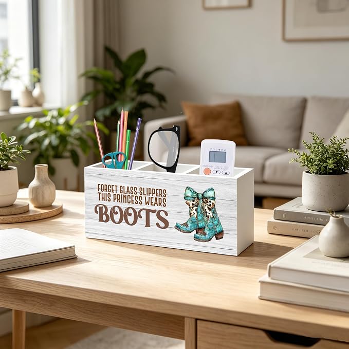 Coquette Turquoise Cow Bow Western Cowgirl Makeup Brush Toothbrush Holder for Girls Bathroom Room Dorm, Cowgirl Cowboy Gifts Wood Signs Pen Pencil Holder Organizer Office Desk Accessories