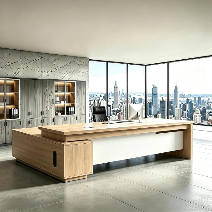 L Shaped Executive Desk with Drawers, Modern Large Wood Home Office Desk, Computer Desk with Storage for Boss Office Workstation