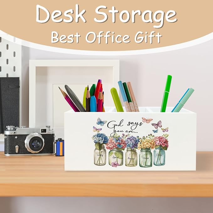 Christian Office Decor, Christian Pen Holder for Office Desk Decor, Hydrangea Bible Verse Wooden Pencil Holder Sign Organizer for Desk, Inspirational Hydrangea Gifts for Women Men