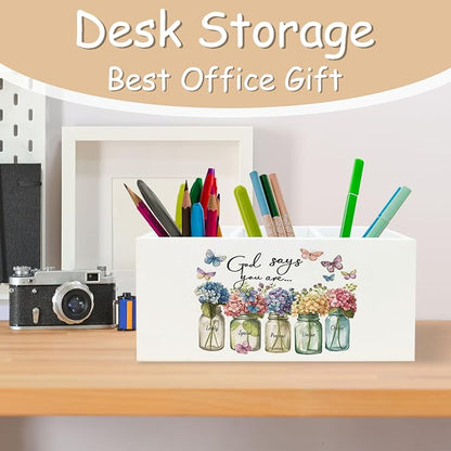 Christian Office Decor, Christian Pen Holder for Office Desk Decor, Hydrangea Bible Verse Wooden Pencil Holder Sign Organizer for Desk, Inspirational Hydrangea Gifts for Women Men