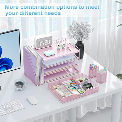 gianotter Wood Desk Organizers and Accessories with File Holder, 4-Tier Desk Accessories & Workspace Organizers with Drawer and 2 Pen Holder, Desk Reference Organizer (Pink, 4T with Metal Drawer)