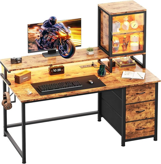 DurayLoly Computer Desk, 47" Desk with Cabinet to Display & RGB Light, Home Office Desks with 3 Drawers for Small Space, 2 AC Power Outlets and 2 Ports, Monitor Stand for Student Bedroom, Brown