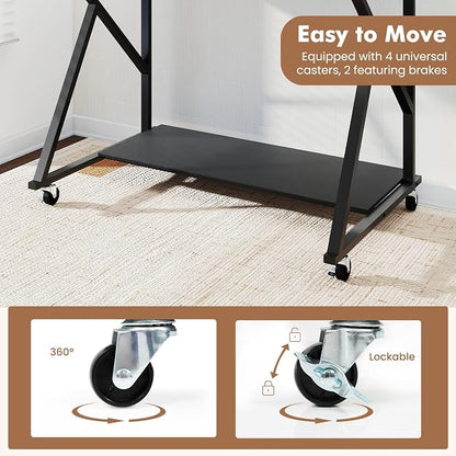 Giantex Rolling Computer Desk with Charging Station, Mobile Portable Laptop Desk with Monitor Stand & Storage Shelf, Small Desk with Lockable Wheels for Small Spaces, Home Office (Black)