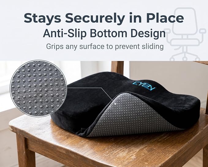 CYLEN Home Office Seat Cushion – Memory Foam Chair Cushion with Gel-Infused Material for Tailbone & Coccyx Pain Relief, Non-Slip Bottom, Machine Washable Cover – for Car, Wheelchair(Matte Black)
