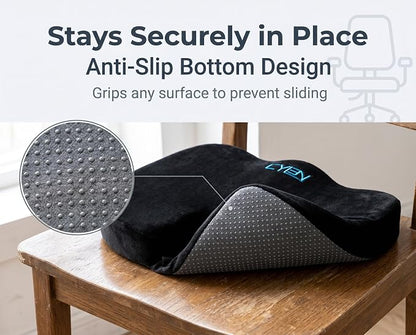 CYLEN Home Office Seat Cushion – Memory Foam Chair Cushion with Gel-Infused Material for Tailbone & Coccyx Pain Relief, Non-Slip Bottom, Machine Washable Cover – for Car, Wheelchair(Matte Black)