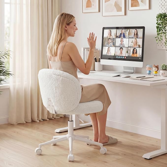 Homkdom Cute Vanity Chair with Wheels Comfy Desk Chair with Back Height Adjustable & 360° Swivel for Makeup, Study, or Light Office Work, White