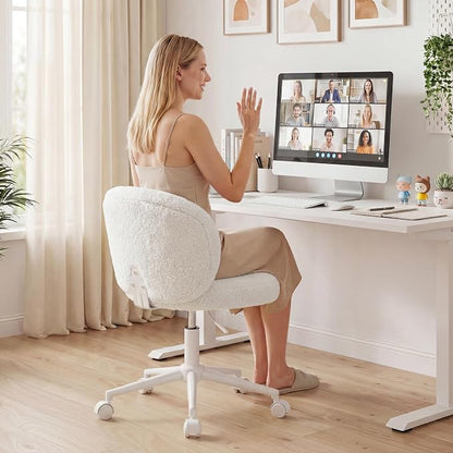 Homkdom Cute Vanity Chair with Wheels Comfy Desk Chair with Back Height Adjustable & 360° Swivel for Makeup, Study, or Light Office Work, White