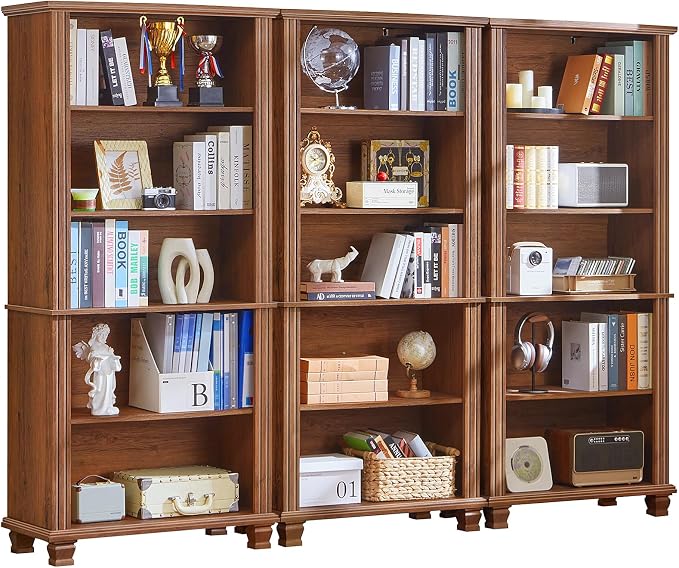 SAVOR LIFE 70" Tall Brown Bookshelf,5 Tier Wooden Book Shelf with Adjustable Shelves & Wood Legs,Free Standing Farmhouse Bookcase with Open Display Storage,Vintage Bookshelves for Classroom, 3PCS
