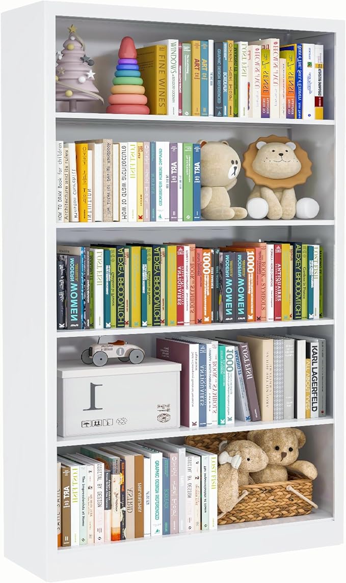VASAAOSD White Bookshelf, 55” Adjustable Tall Metal Bookshelf, 5-Tier Wide Bookshelf with Anti-Tilt Device, Modern Book Cases and Book Shelves for Bedroom, Living Room, Playroom, Study