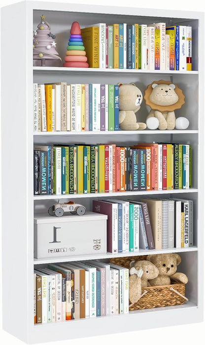 VASAAOSD White Bookshelf, 55” Adjustable Tall Metal Bookshelf, 5-Tier Wide Bookshelf with Anti-Tilt Device, Modern Book Cases and Book Shelves for Bedroom, Living Room, Playroom, Study