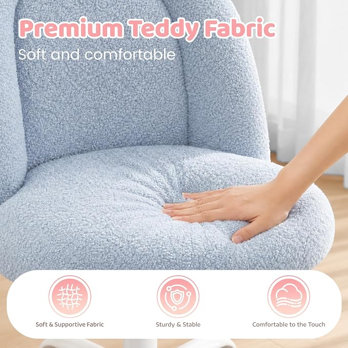 DurayLoly Cute Vanity Chair with Wheels, Ultra-Soft Teddy Fleece Swivel Desk Chair with Adjustable Height for Teens & Adults, Ideal for Bedroom, Vanity Table & Dorm, Poetic Blue