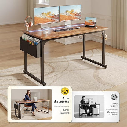 DurayLoly 48 Inch Computer Desk with Waterproof LED Lights,Study Desk for Teens & Home Office,Headphone Hook & Storage Bag Included,Sturdy Metal Frame,Small Space Friendly,Rustic Brown