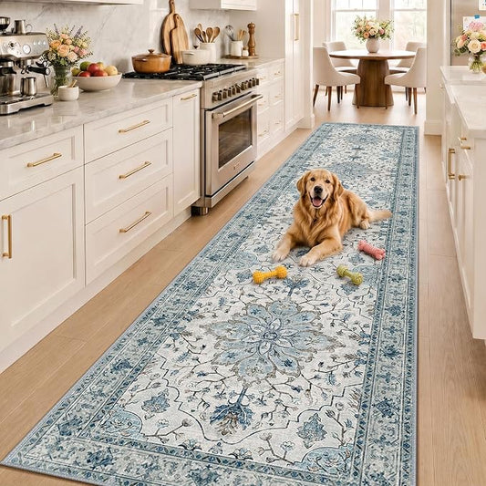RELEANY Area Rugs Runner 3'x12' Washable Non-Slip, Floral Vintage Distress Medallion Carpet for Kitchen Hallway Bedroom Beside Laundry Room Bathroom, Light Blue Navy Gray White