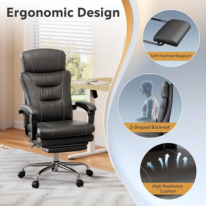 DEVAISE Executive Leather Home Office Chair with Footrest, High Back and Heavy Duty, Comfortable Big and Tall Ergonomic Desk Chair with Lumbar Support, Comfy Reclining, SGS Class 4 Gas Lift, Black