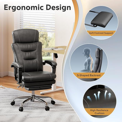 DEVAISE Executive Leather Home Office Chair with Footrest, High Back and Heavy Duty, Comfortable Big and Tall Ergonomic Desk Chair with Lumbar Support, Comfy Reclining, SGS Class 4 Gas Lift, Black