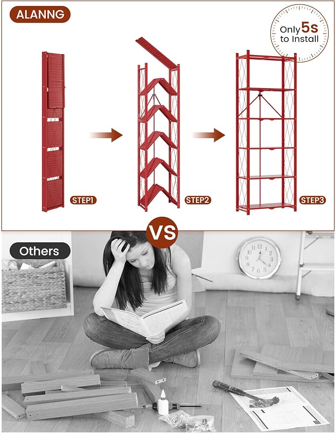 ALANNG 73.6 Inch Folding Bookshelf, 6 Tier Metal Bookcase and Bookshelves, Tall Shelves for Living Room Office Bedroom, Heavy Duty Book Shelve Free Standing Open (Red, 1PACK)