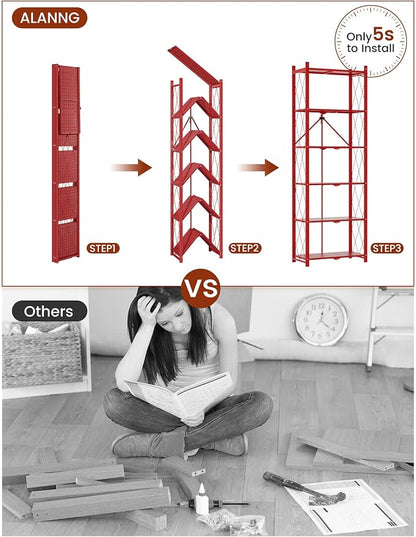ALANNG 73.6 Inch Folding Bookshelf, 6 Tier Metal Bookcase and Bookshelves, Tall Shelves for Living Room Office Bedroom, Heavy Duty Book Shelve Free Standing Open (Red, 1PACK)