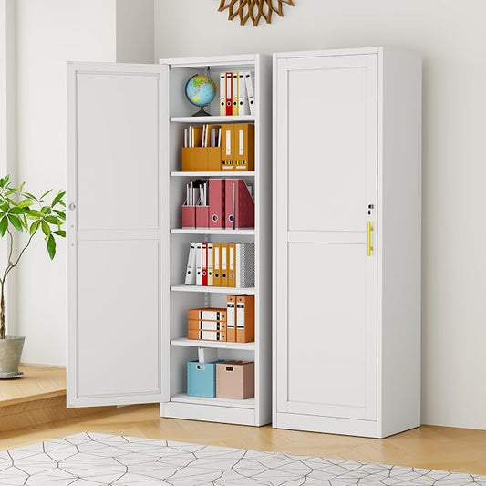 pozdeg 67" Metal Storage Cabinet with Lock, Tall Narrow Office File Cabinets with 5 Adjustable Shelves, Metal Steel Locker for Home, School, Office, Garage or Gym (White)
